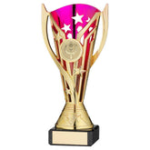 GOLD/PURPLE PLASTIC 'FLASH' CUP ON BLK MARBLE ASSEMBLED TROPHY (1" CEN) - 6.75in